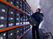 Cary Fowler in the main seed vault. Its natural year-round temperature is 23 degrees Fahrenheit, but the air is further cooled to the optimum storage temperature of zero degrees F.