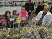 Jack Lawrence, right, a judge at the Grand National Pigeon Show, talks pigeons with, from left, Stevie and Autumn Schmidt and Amy Colton.