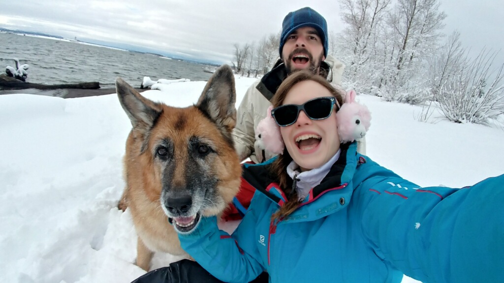 Taken of myself, my significant other Les, and one of our german shepherds Isa (ee-zuh) this was at the Vancouver boat launch.