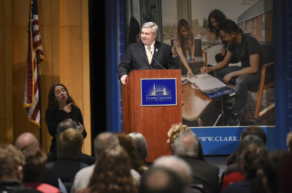 At his State of the College address on Friday, Clark College President Robert Knight spoke in detail about the college&#039;s efforts to get state funding for its upcoming Clark College at Boschma Farms campus in Ridgefield.