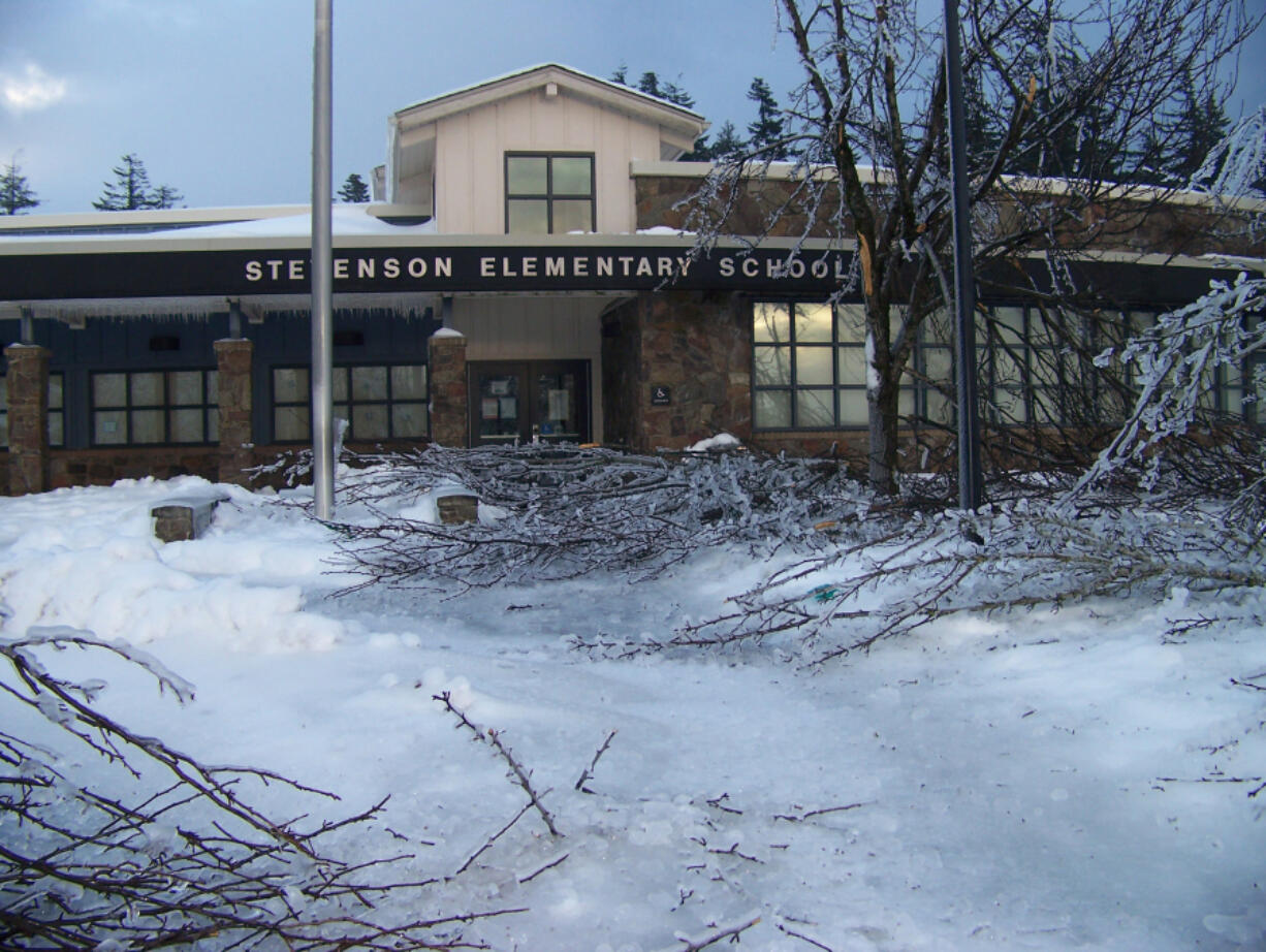 Snow, ice and downed branches block the entrance of Stevenson Elementary School.