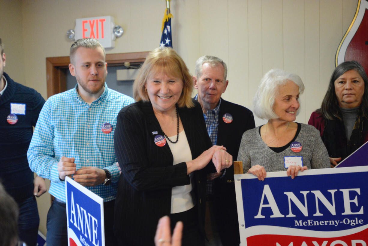 Vancouver City Councilor Anne McEnerny-Ogle gathers with friends and supporters at the Vancouver Firefighters Union Hall on Monday where she officially kicked off her campaign for mayor. Son John Ogle, from left, joins McEnerny-Ogle, along with her husband, Terry Ogle, Terry Cappiello and Becky Archibald.