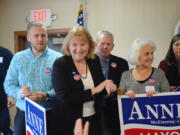 Vancouver City Councilor Anne McEnerny-Ogle gathers with friends and supporters at the Vancouver Firefighters Union Hall on Monday where she officially kicked off her campaign for mayor. Son John Ogle, from left, joins McEnerny-Ogle, along with her husband, Terry Ogle, Terry Cappiello and Becky Archibald.