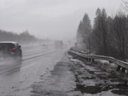 A guardrail along northbound Interstate 5 just south of Ridgefield is one of many that were damaged by sliding vehicles in this month&#039;s winter storms.