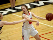 Camas senior Teague Schroeder gets off a no-look pass with pressure from Union junior Courtney Cranston.