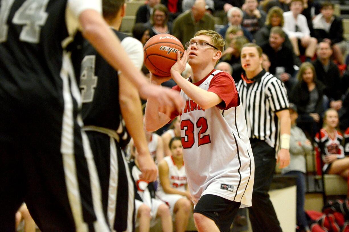 Dallon Hockinson of the Camas Unified team scores his team's only basket again Union's Unified team during a game during the intermission between varsity girl's and boy's matches at Camas on Wednesday, January 25, 2017.