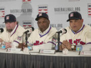 Newly elected baseball Hall of Fame inductees Jeff Bagwell, left, Tim Raines, center, and Ivan Rodriguez, take part in a news conference, Thursday, Jan. 19, 2017, in New York.