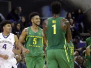 Oregon&#039;s Tyler Dorsey (5) smiles as he heads up court after hitting a three-point shot against Washington in the second half of an NCAA college basketball game Wednesday, Jan. 4, 2017, in Seattle. Dorsey led all scorers with 28 points and Oregon won 83-61.