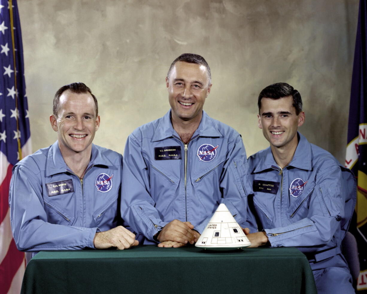 The Apollo 1 crew, from left, Edward H. White II, Virgil I. &quot;Gus&quot; Grissom and Roger B. Chaffee. On Jan. 27, 1967, a flash fire erupted inside their capsule during a countdown rehearsal, with the astronauts atop the rocket at Cape Canaveral&#039;s Launch Complex 34. All three were killed.