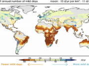 In this image provided by Karin van der Wiel/NOAA/Princeton University, shows climate change effects on patterns of mild weather. A new study said Earth will have four fewer days of mild and mostly dry weather by 2035 and ten fewer of them by the end of the century, according to a first-of-its-kind projection of nice weather.