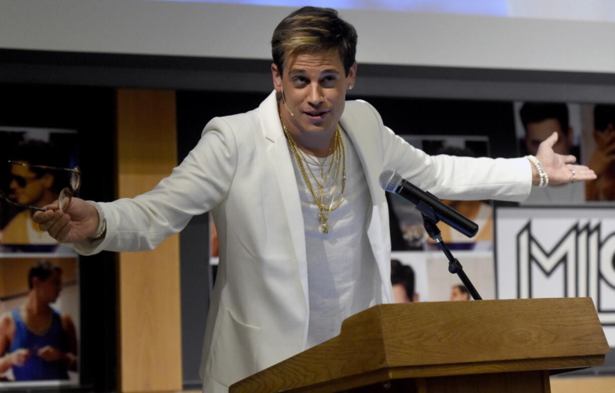 Milo Yiannopoulos speaks on campus in the Mathematics building at the University of Colorado in Boulder, Colo.