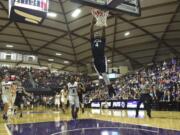 Gonzaga guard Jordan Mathews dunks the ball during the second half of an NCAA college basketball game against Portland in Portland, Ore., Monday, Jan. 23, 2017. Gonzaga won 83-64.