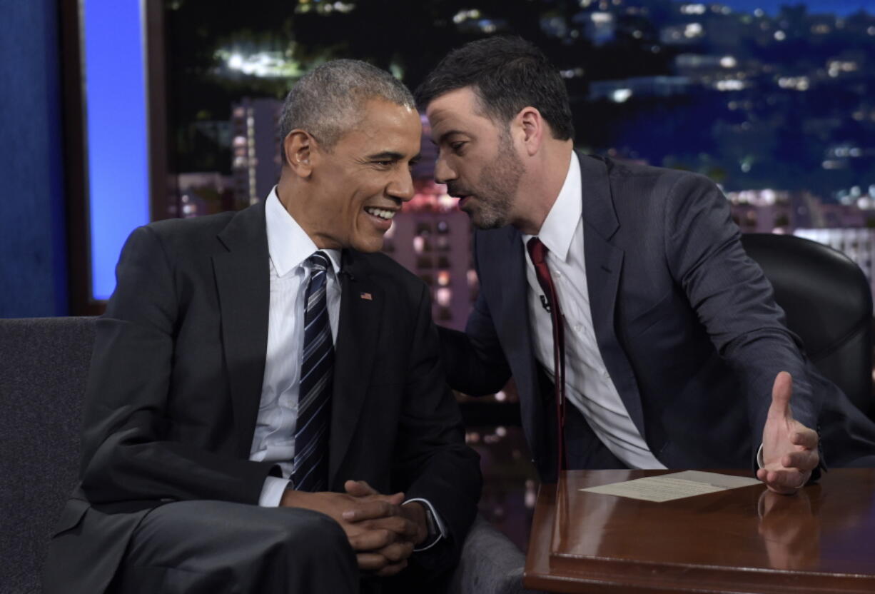 FILE - In this Oct. 24, 2016 file photo, President Barack Obama talks with Jimmy Kimmel in between taping segments of Jimmy Kimmel Live! at the El Capitan Entertainment Center in Los Angeles. From his campaign fist bump to his theatrical mic drop at the last White House correspondents??? dinner, Barack Obama ruled as America???s pop culture president. His two terms played out like a running chronicle of the trends of our times: slow-jamming the news with Jimmy Fallon, reading mean tweets with Jimmy Kimmel, filling out his NCAA basketball bracket on ESPN, cruising with Jerry Seinfeld on ???Comedians in Cars Getting Coffee.???