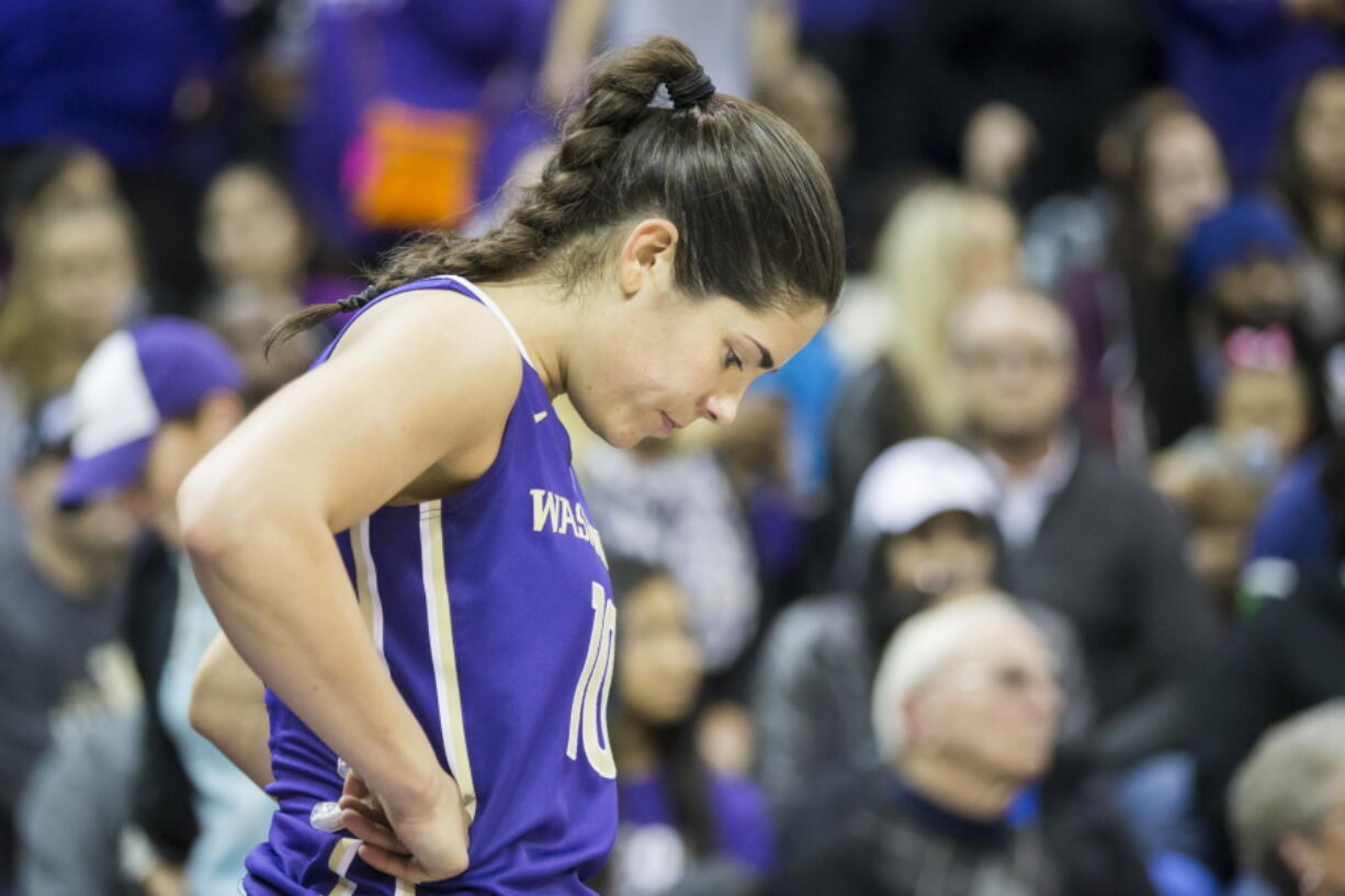 Washington guard Kelsey Plum looks down in the final seconds of an NCAA college basketball game against Stanford in Seattle, Sunday, Jan. 29, 2017. Stanford won 72-68.