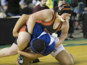 Washougal's Abby Lees works to turn over Federal Way's Mariah Stewart during their Girls 235-pound State Wrestling championship match Saturday, Feb. 18, 2017, in Tacoma, Wash. Lee won the match by pin.