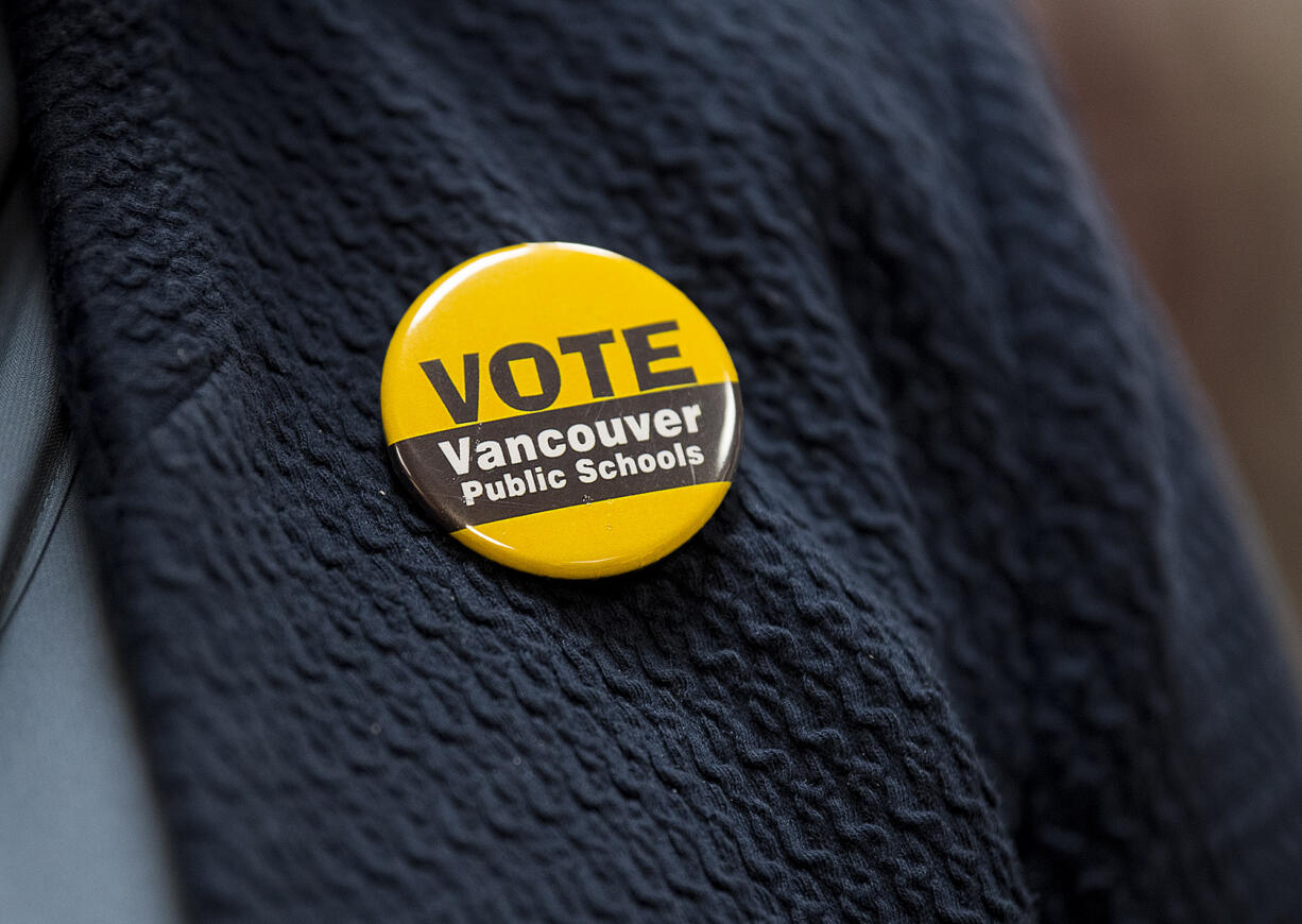 A button in favor of voting for Vancouver Public Schools is seen at the Bates Center on Tuesday night, Feb. 14, 2017.