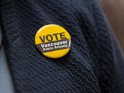 A button in favor of voting for Vancouver Public Schools is seen at the Bates Center on Tuesday night, Feb. 14, 2017.