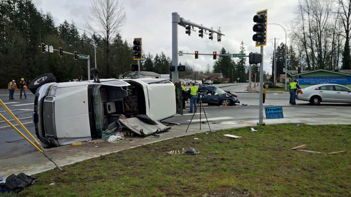 The remains of a pickup involved in a two-vehicle crash Tuesday afternoon at Dollars Corner that sent three people to the hospital with serious injuries. A woman and baby were inside. The woman was hospitalized, but the baby was unharmed.