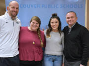 Felida: Skyview High School boys&#039; basketball coach Matt Gruhler, from left; Elyse Azorr, Key Club adviser; Kelly Ann Tran, Key Club president; and Jim Gray, Skyview principal, teamed to raise more than $12,000 for the Salvation Army.