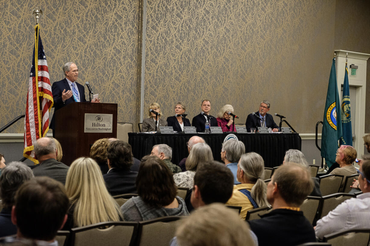 Clark County council Chair Mark Boldt speaks to the crowd Thursday at the State of County address. He and other county officials spoke of the need to mend relationships between the council and county staff.