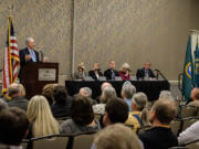 Clark County council Chair Mark Boldt speaks to the crowd Thursday at the State of County address. He and other county officials spoke of the need to mend relationships between the council and county staff.