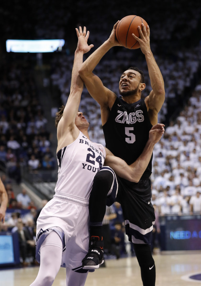 Gonzaga guard Nigel Williams-Goss (5) shoots against BYU forward Davin Guinn (24) during the first half fo an NCAA college basketball game Thursday, Feb. 2, 2017, in Provo, Utah.