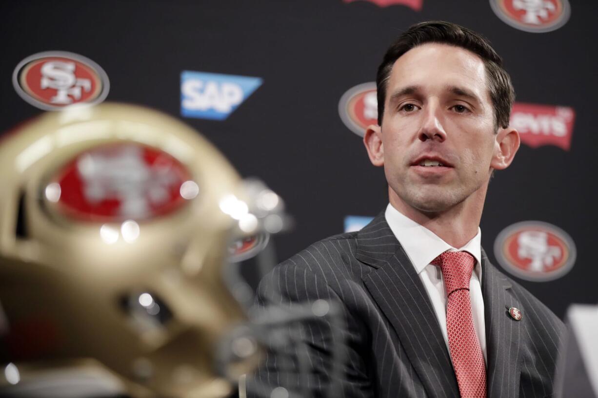 San Francisco 49ers head coach Kyle Shanahan answers questions during an NFL football press conference Thursday, Feb. 9, 2017, in Santa Clara, Calif.