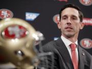 San Francisco 49ers head coach Kyle Shanahan answers questions during an NFL football press conference Thursday, Feb. 9, 2017, in Santa Clara, Calif.