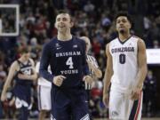 BYU guard Nick Emery (4) smiles near the end of the second half of the team's NCAA college basketball game against Gonzaga in Spokane, Wash., Saturday, Feb. 25, 2017. BYU won 79-71.