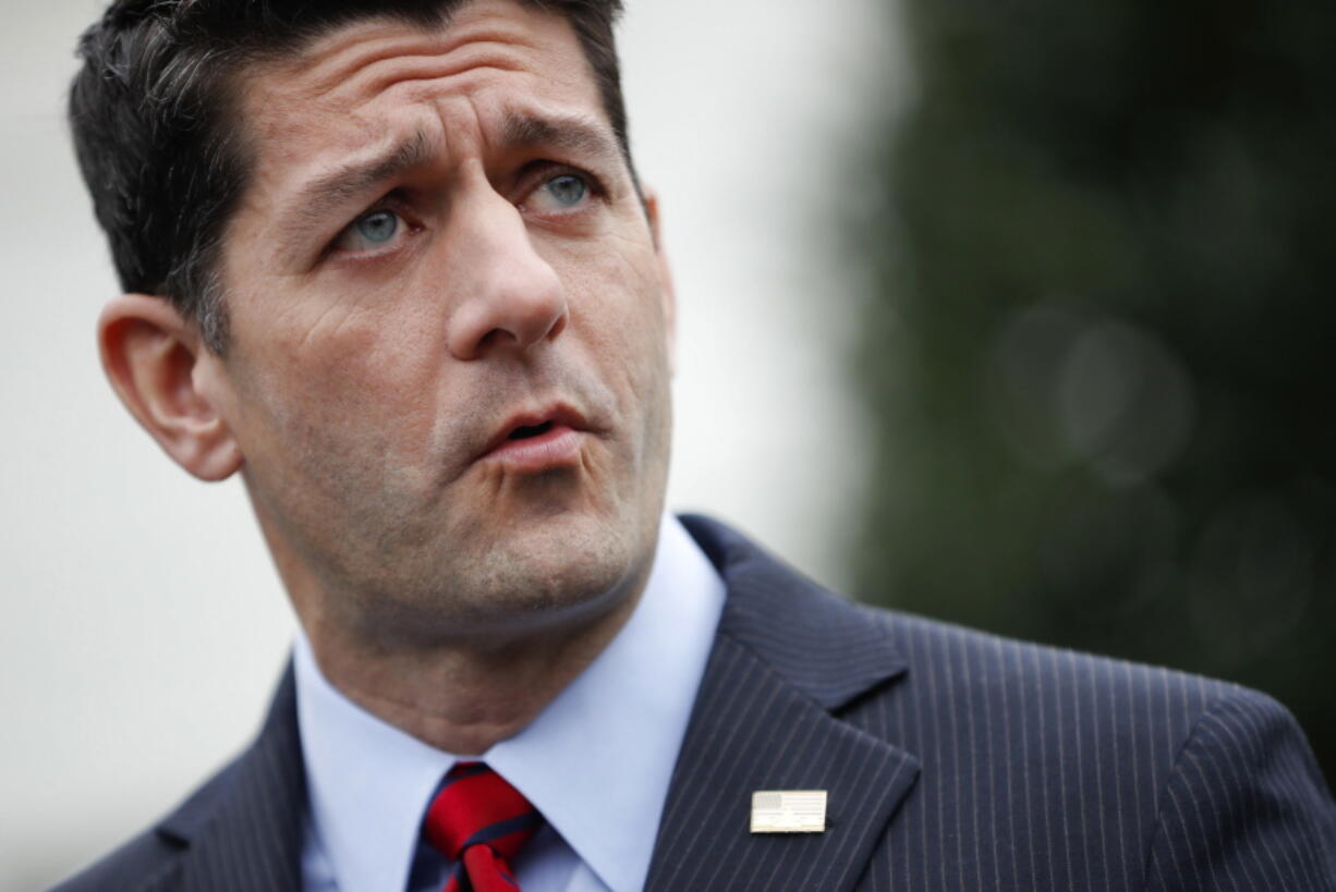 House Speaker Paul Ryan of Wis. speaks to reporters outside the White House in Washington on Monday following a meeting with President Donald Trump inside.