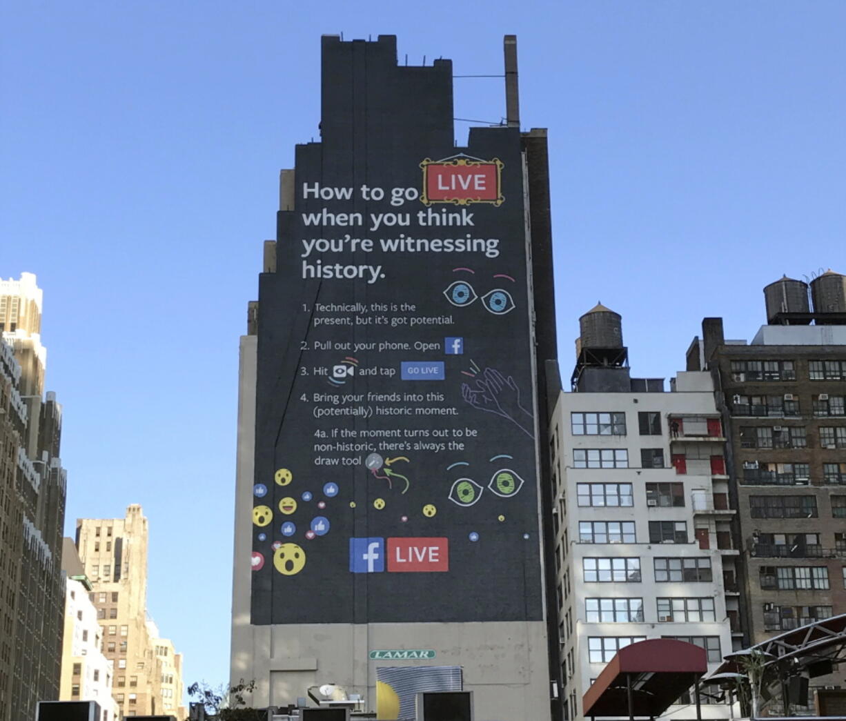 A Facebook Live billboard on the side of a building near New York&#039;s Penn Station.