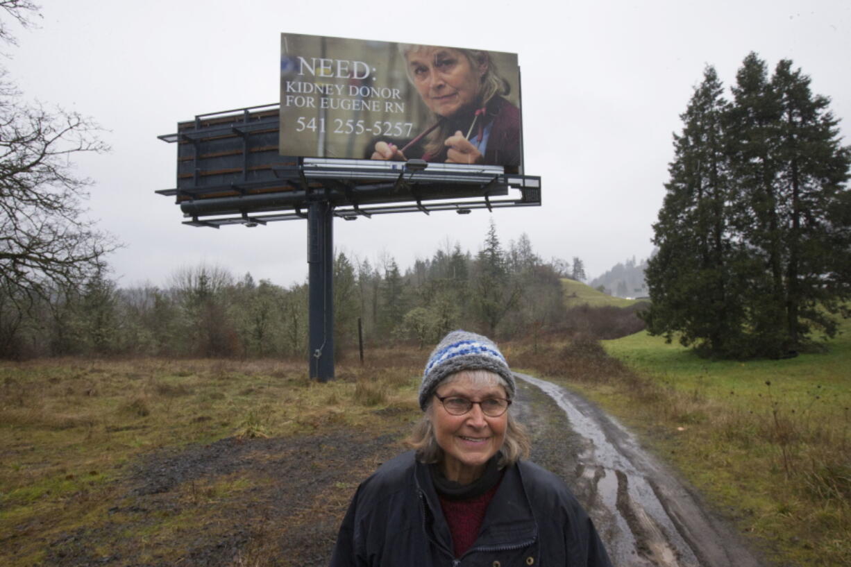 Roxanne Loomis, a local nurse in need for a kidney transplant, visits the site of a billboard she rented off Interstate 5 in Eugene, Ore., that she hopes will help her connect with someone willing to donate a kidney on Feb. 7, 2017.