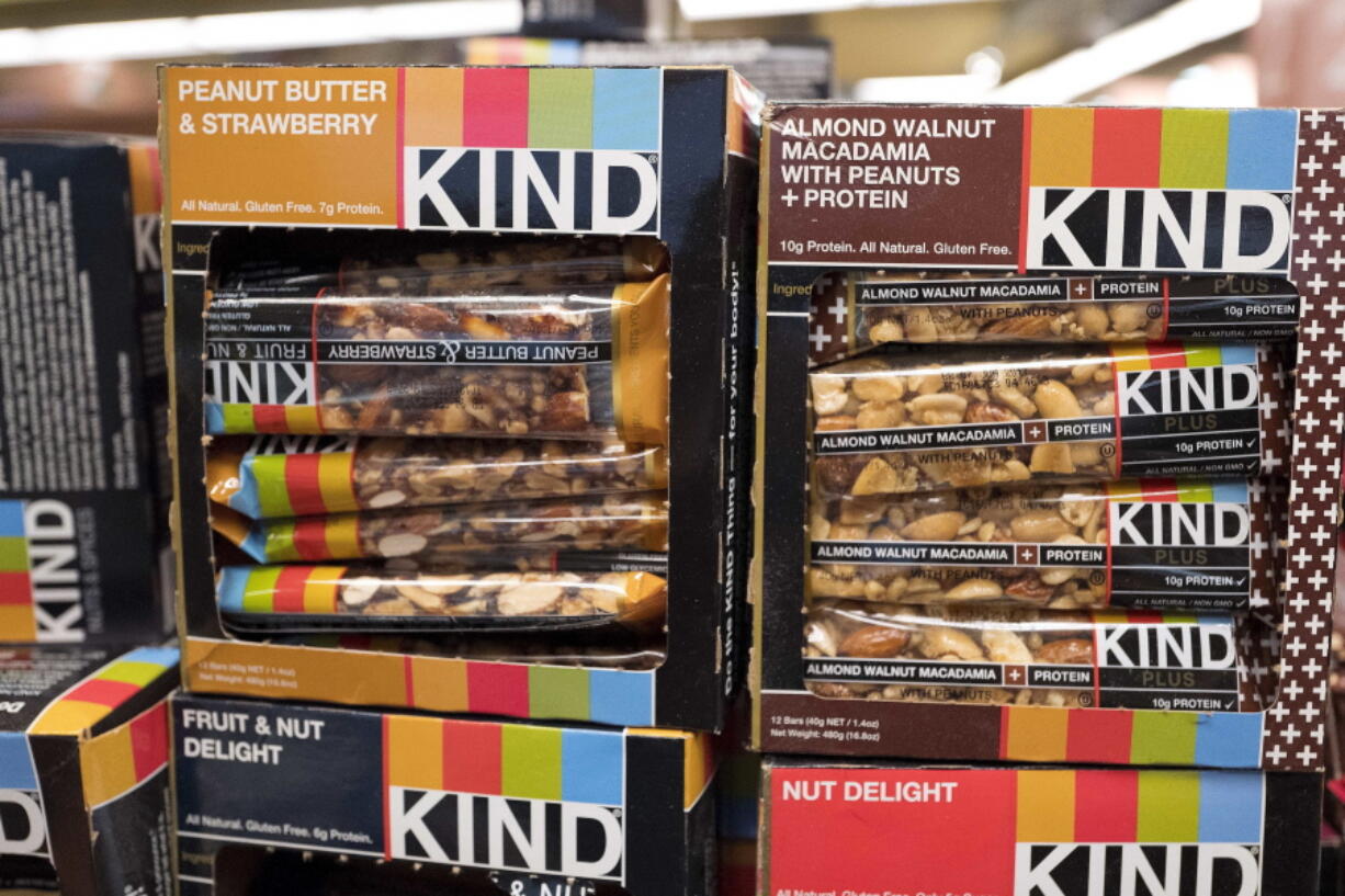 Kind snack bars are displayed Thursday in a New York supermarket.