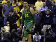 Oregon&#039;s Dillon Brooks (24) celebrates after making the game winning shot against California on Wednesday.