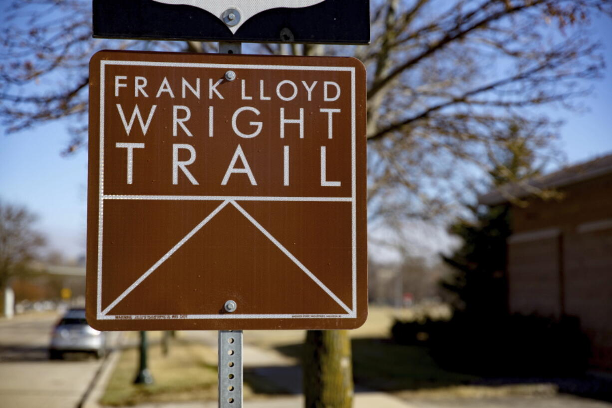 This Feb. 21, 2017 photo shows a sign in Madison, Wis., pointing the way to Monona Terrace, a site on Wisconsin&#039;s new Frank Lloyd Wright Trail. The 200-mile route highlights places around the state designed by the famous architect, who was born in Wisconsin 150 years ago on June 8, 1867.