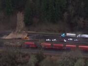 An aerial view from a KATU-TV helicopter shows the landslide that blocked all northbound lanes of Interstate 5 north of Woodland late Thursday afternoon.