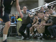 King's Way Christian's team and head coach Daven Harmeling react to a foul during the first round of the WIAA 1A boys state tournament on Wednesday, Mar. 1, 2017, at the Yakima Valley SunDome. The Warden Cougars defeated King's Way Christian Knights 53-50.