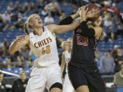 Camas' Maggie Wells, right, battles for a rebound with Moses Lake's Abby Rathbun Thursday, March 2, 2017, during the quarterfinals of the 4A Girls State Basketball Tournament in Tacoma, Wash.