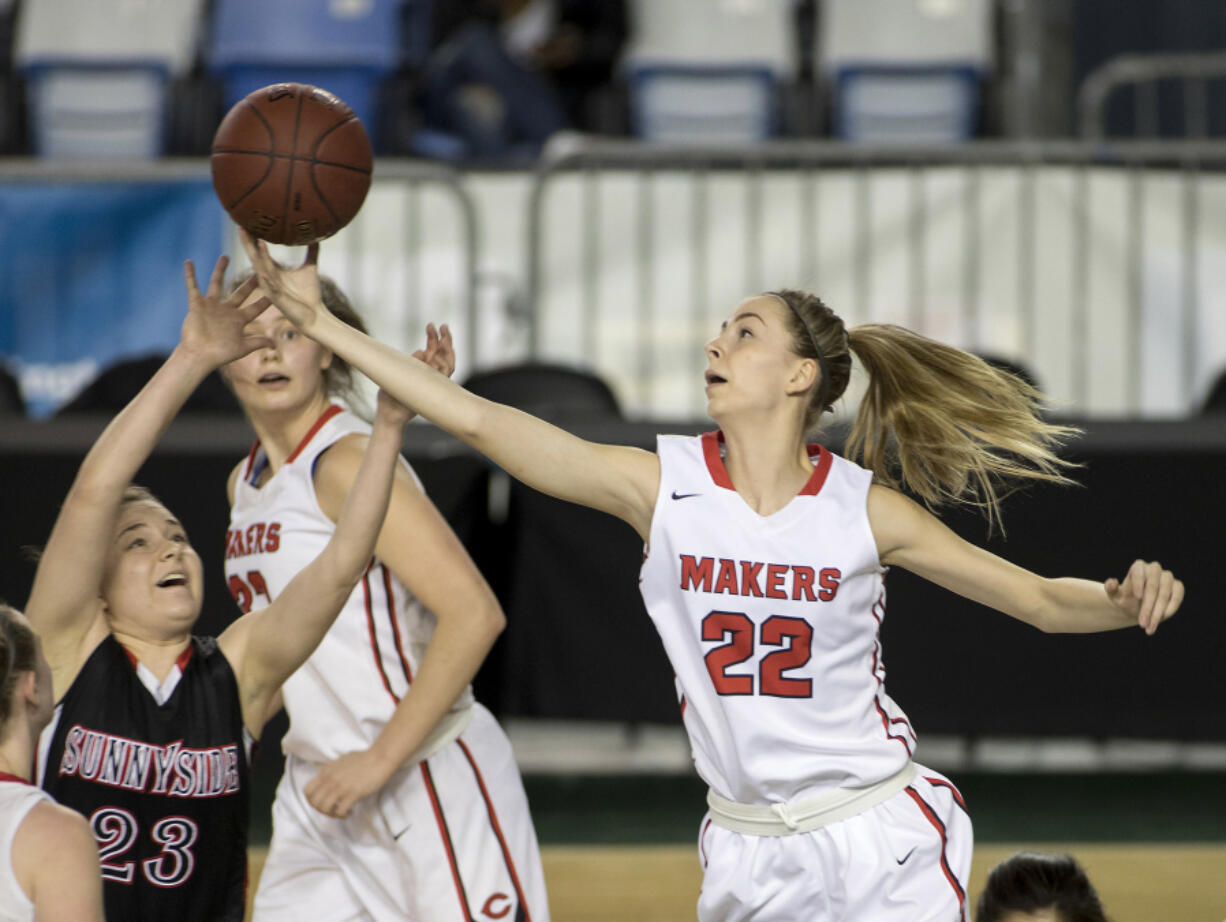 Above, Camas&#039; Madison Freemon (22) goes for a rebound against Sunnyside&#039;s Lexi Skyles. Below, Camas&#039;  Teague Schroeder, right, gets into a jump-ball situation with Sunnyside&#039;s Morgan Dulm.