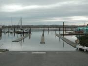 High flows in the Columbia River limit use of floating docks at the Port of Camas-Washougal marina to a single lane.