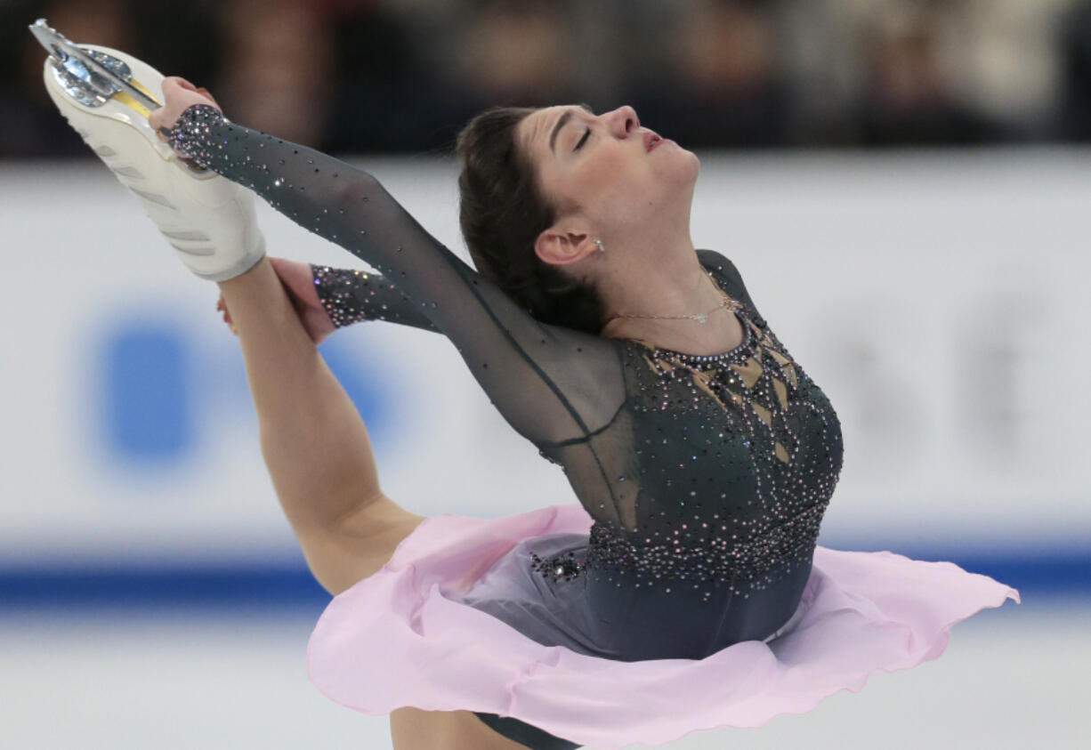 Evgenia Medvedeva, of Russia, skates her free program at the World figure skating championships in Helsinki, Finland, on Friday, March 31, 2017.