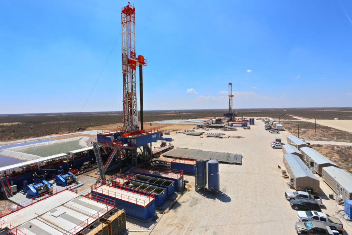 A Patterson-UTI drilling rigs that uses hydraulic feet to &quot;walk&quot; from one drill site to another. This one operates in West Texas.