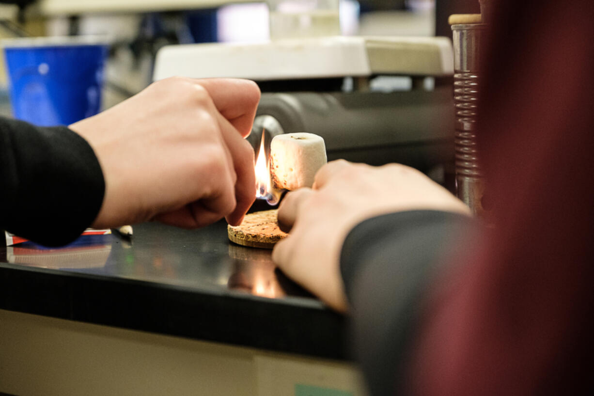 Skyridge Middle School eighth-grader  Brody Baemen, left, sets a marshmallow on fire while teammate Lucas Mansfield observes during the Food Science event at Saturday&#039;s regional Science Olympiad at Clark College.