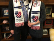 Woodland: Holland America Flower Gardens owner Benno Dobbe, left, presented U.S. Rep. Jaime Herrera Beutler, R-Camas, with a scarf during his visit to Washington D.C.