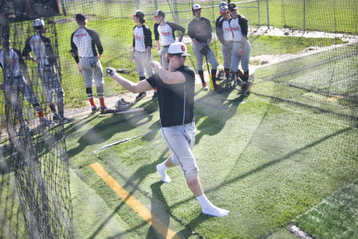 Battle Ground senior Max Randle takes batting practice at Battle Ground High School on Tuesday, March 21, 2017.