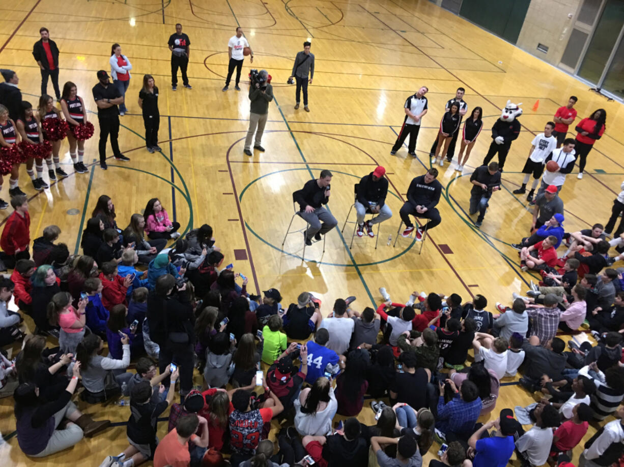 Fircrest: Portland Trail Blazers director of game operations Todd Bosma, from left, Maurice Harkless and Pat Connaughton made a surprise visit at a Vancouver Parks Foundation event March 3 at the Firstenburg Community Center.