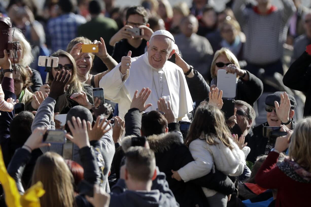 Pope Francis arrives for his weekly general audience in St.Peter's Square, at the Vatican, Wednesday, March 1, 2017.