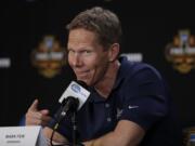 Gonzaga head coach Mark Few answer questions after a practice session for their NCAA Final Four tournament college basketball semifinal game Thursday, March 30, 2017, in Glendale, Ariz. (AP Photo/David J.