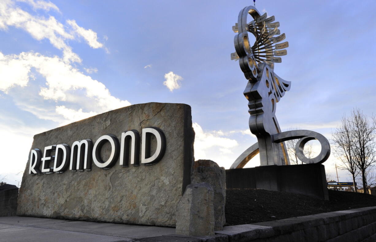 This Feb. 21, 2017, photo shows the customized font found on the city&#039;s new city hall, Flag City memorial, in Redmond, Ore.