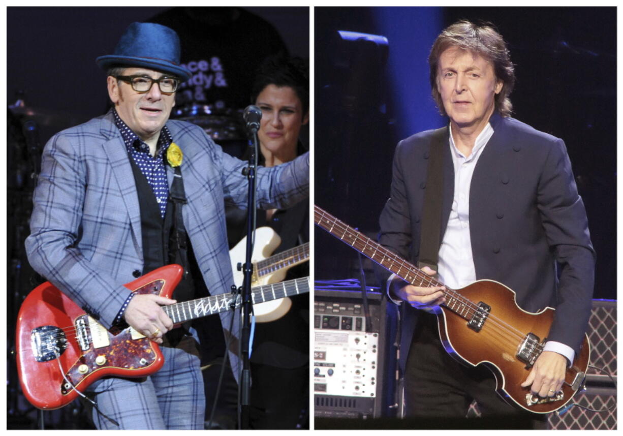 Musicians Elvis Costello, left, performs at &quot;The Music of Prince&quot; tribute concert in 2013 in New York and Paul McCartney performs during his &quot;Out There Tour 2015&quot; in 2015 in Philadelphia. A new Paul McCartney reissue of &quot;Flowers in the Dirt&quot; offers two audio discs that are devoted to McCartney&#039;s songwriting collaboration with Elvis Costello in 1987 and 1988.